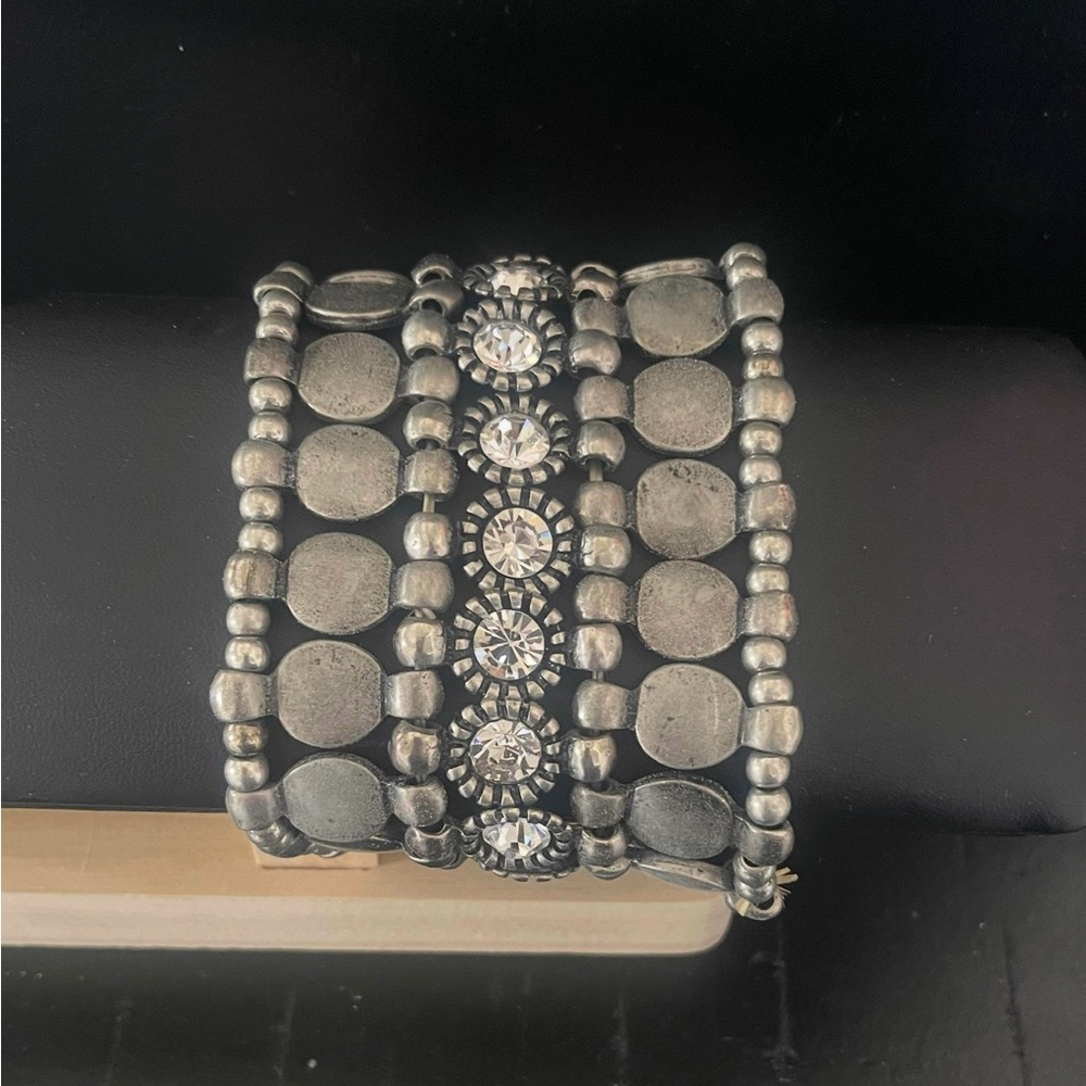 White House Black Market Silver Beaded Cuff Bracelet with Crystal Accents